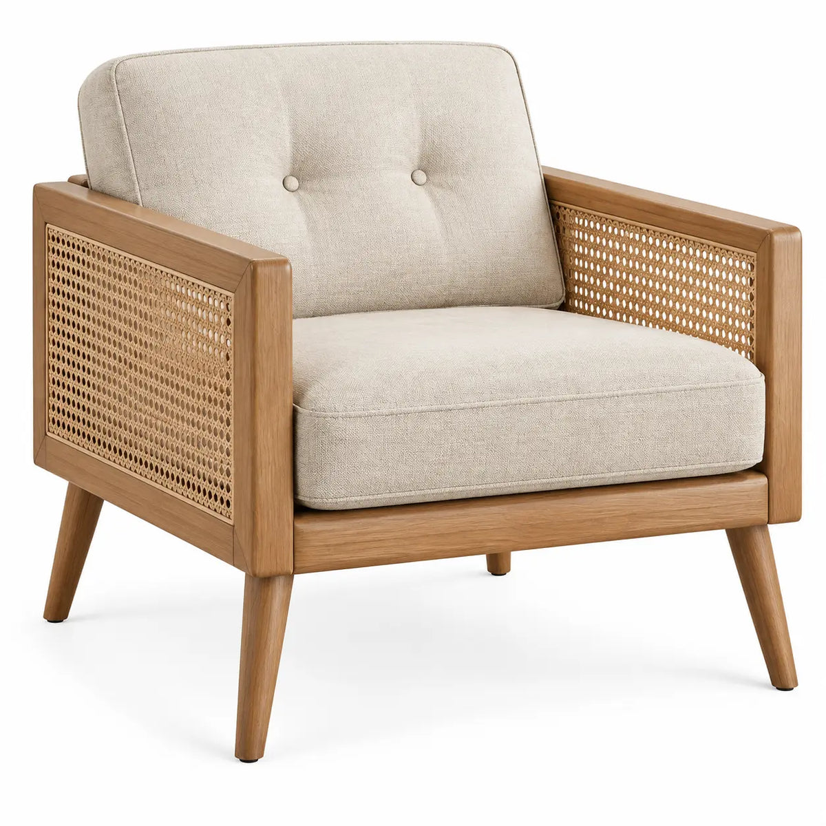 Beige and brown upholstered armchair with decorative buttons and woven details, stylish furniture from GeorgianGateLeg.