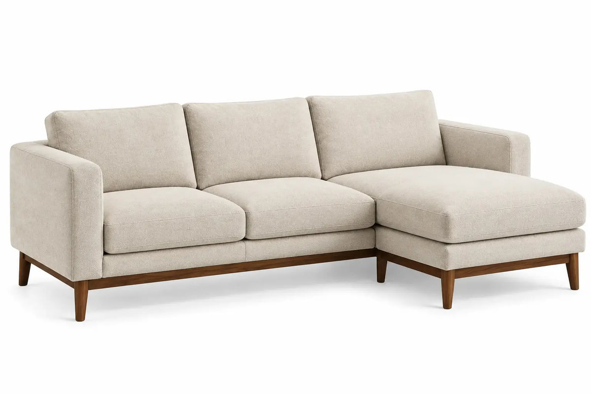 Sofá esquinero tapizado con patas elevadas, beige y marrón