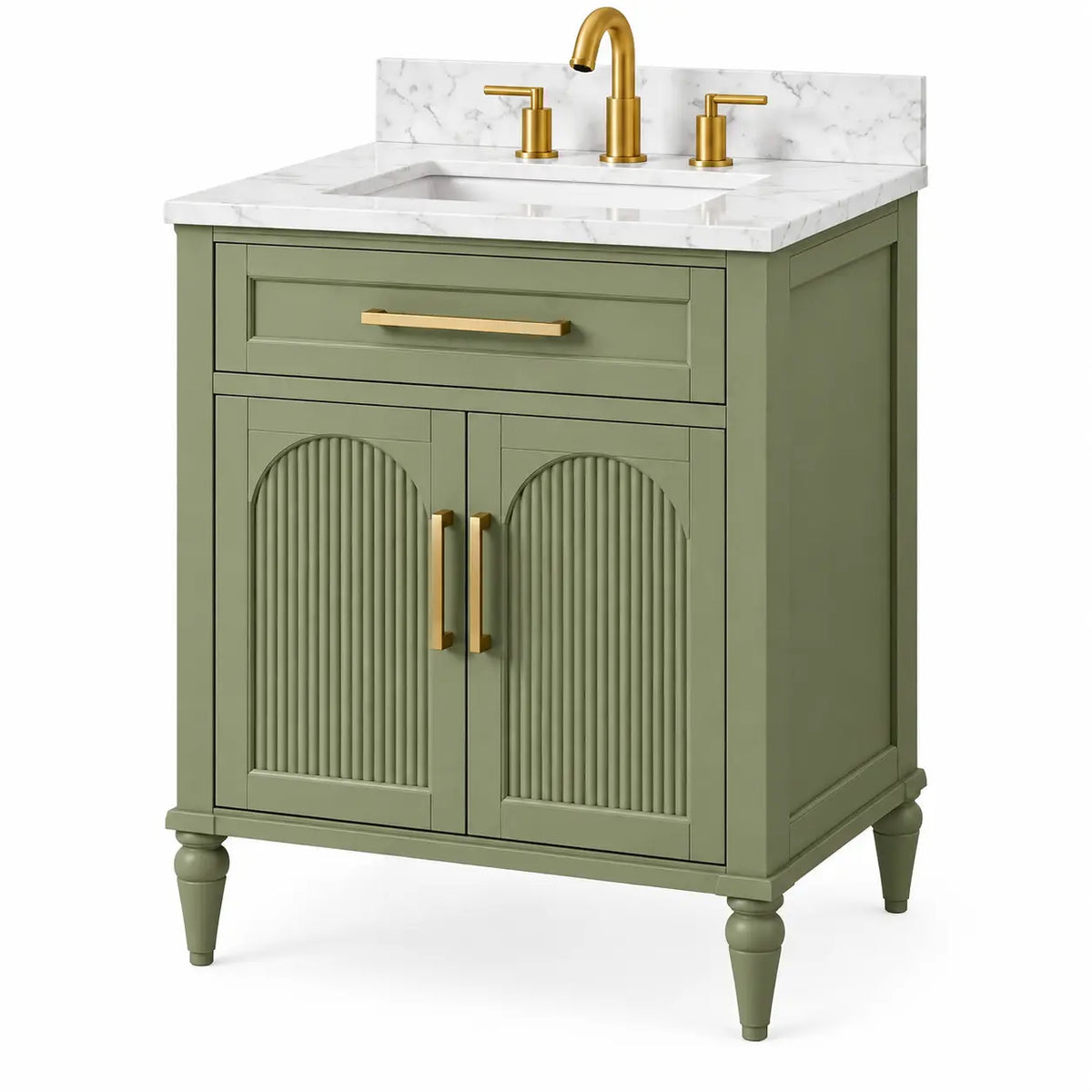 Green and white bathroom cabinet with arched shape, including a sink and drawers, by Georgiangateleg.