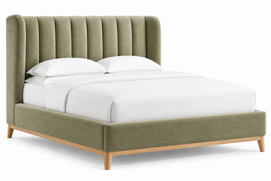 Estructura de cama con cabecero con acolchado acanalado, verde y marrón