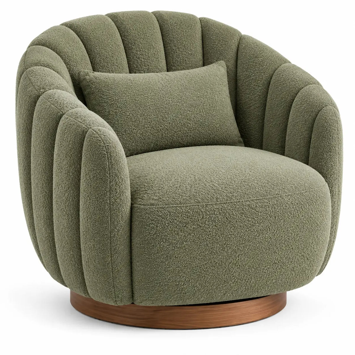 Sillón tapizado de líneas curvas con acolchado acanalado, verde y marrón