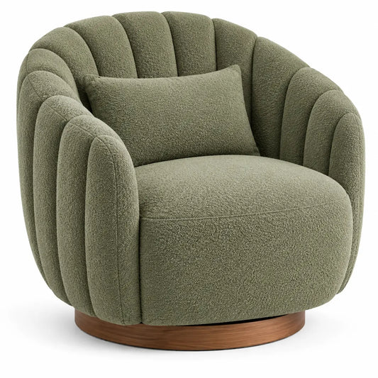 Sillón tapizado de líneas curvas con acolchado acanalado, verde y marrón