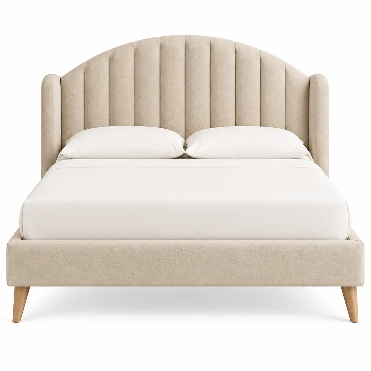 Beige and brown bed frame with arched headboard from georgiangateleg, showcasing elegant curved design and sturdy structure.