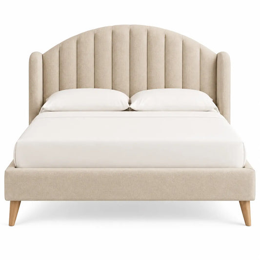 Estructura de cama con cabecero con formas arqueadas, beige y marrón