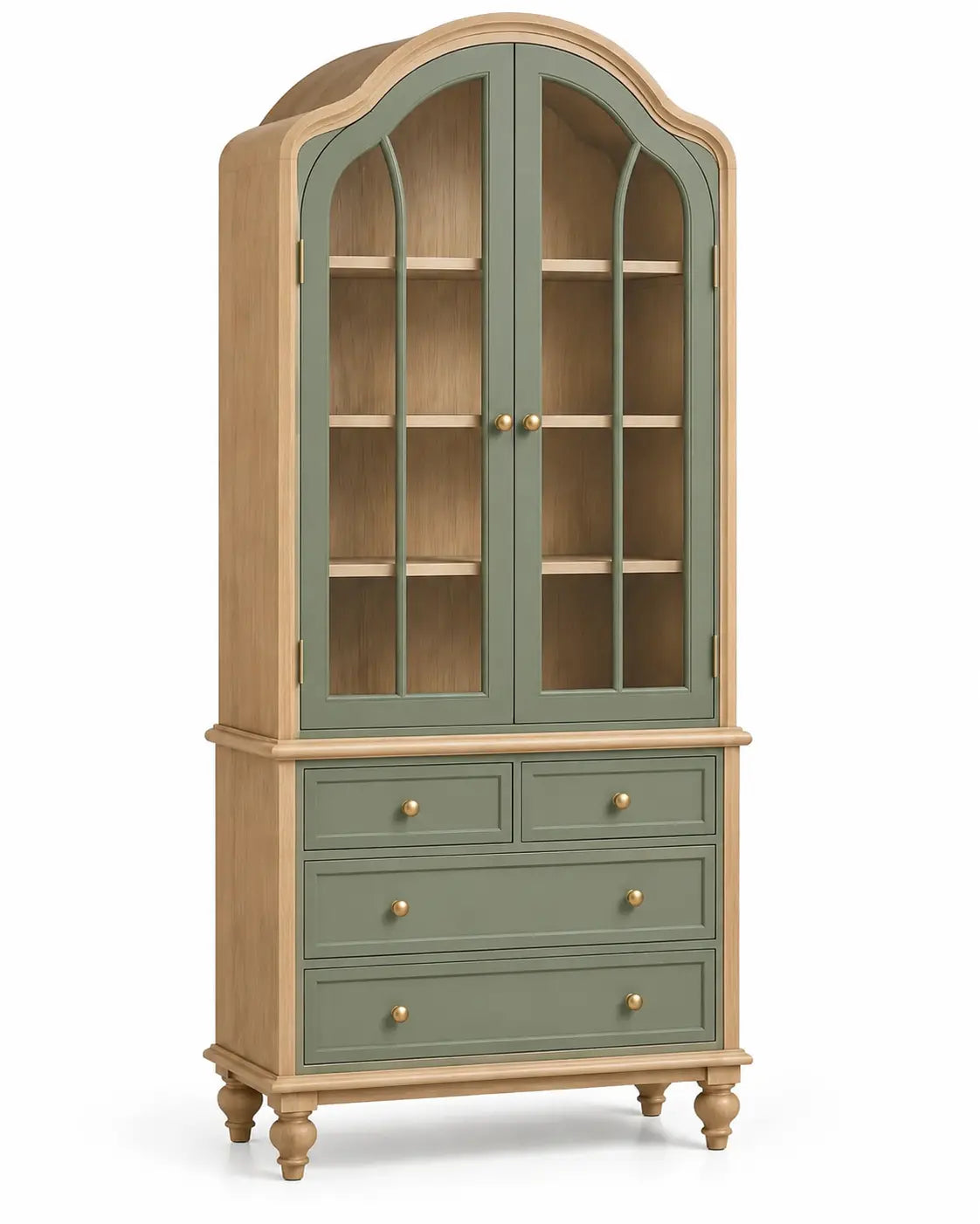 Green and brown arched storage cabinet from georgiangateleg, featuring curved glass doors and wooden shelves.