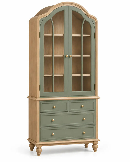 Green and brown arched storage cabinet from georgiangateleg, featuring curved glass doors and wooden shelves.