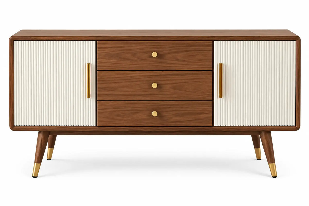 Georgiangateleg storage sideboard with vertical line details, featuring brown and white finish and multiple drawers.