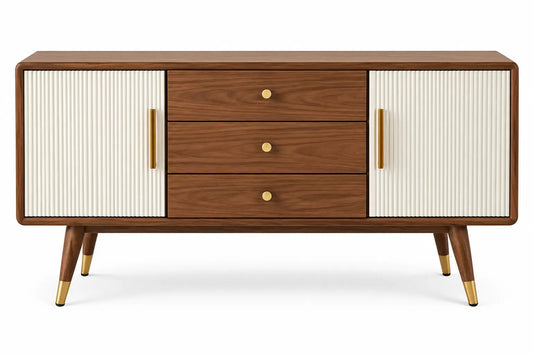 Georgiangateleg storage sideboard with vertical line details, featuring brown and white finish and multiple drawers.