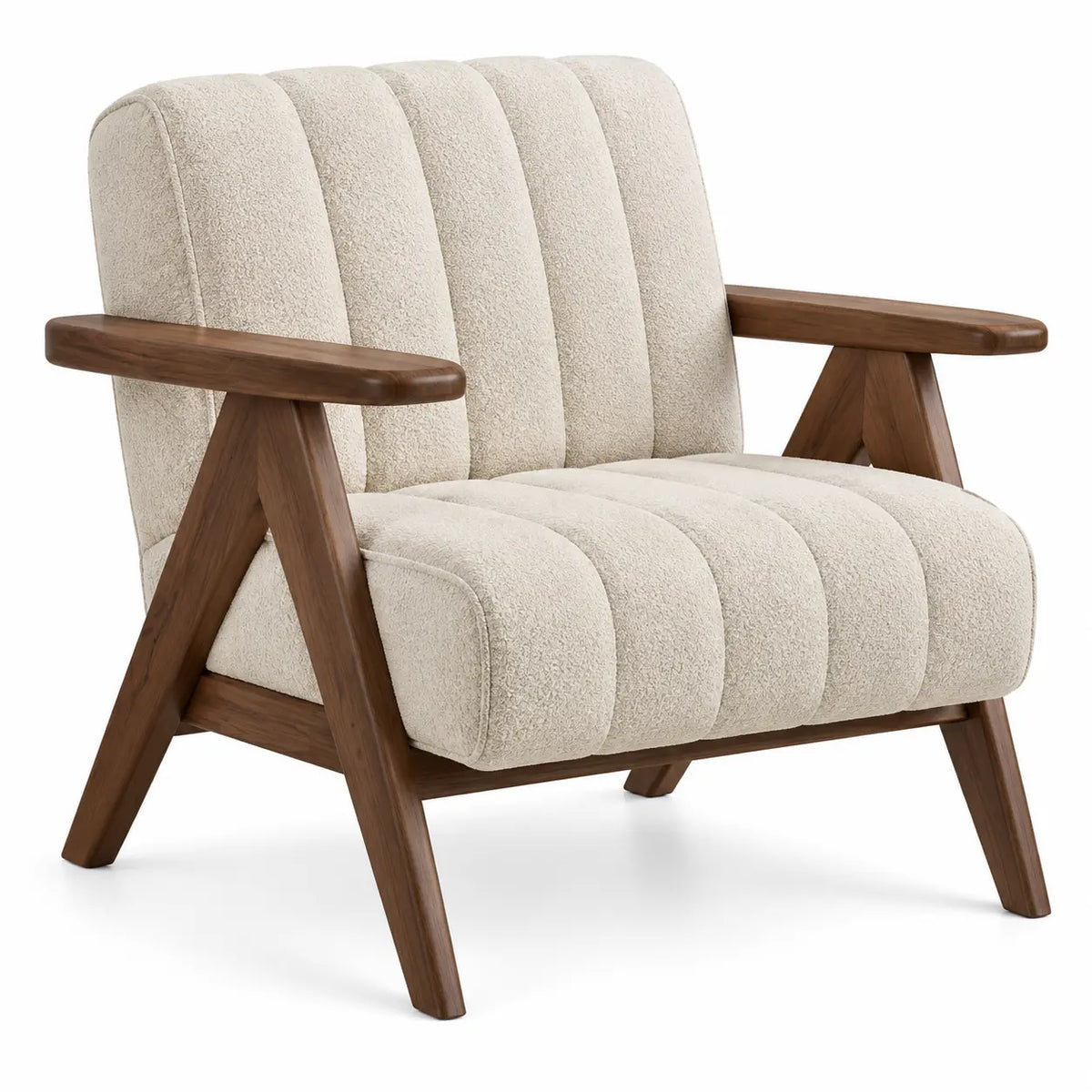 Sillón con estructura abierta con acolchado acanalado y detalles cruzados, beige y marrón