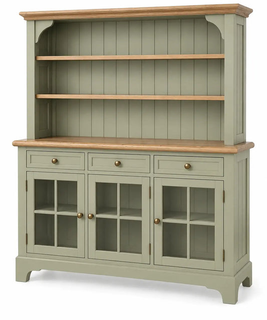 Green and brown storage bookshelf with glass-paneled doors, made by georgiangateleg, featuring multiple shelves for organization.