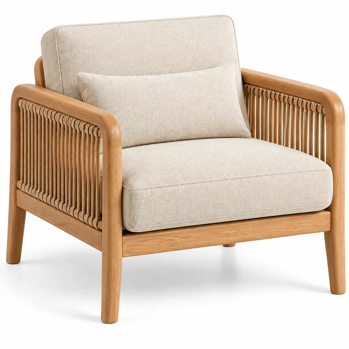 Sillón con estructura abierta con detalles de entramado, beige y marrón