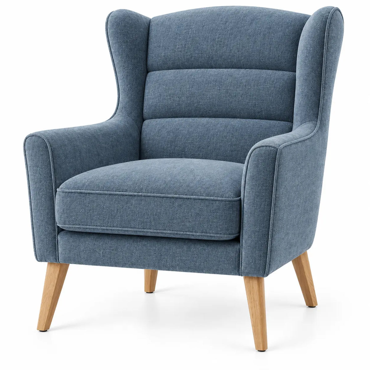 Sillón tapizado con respaldo alto, azul y marrón