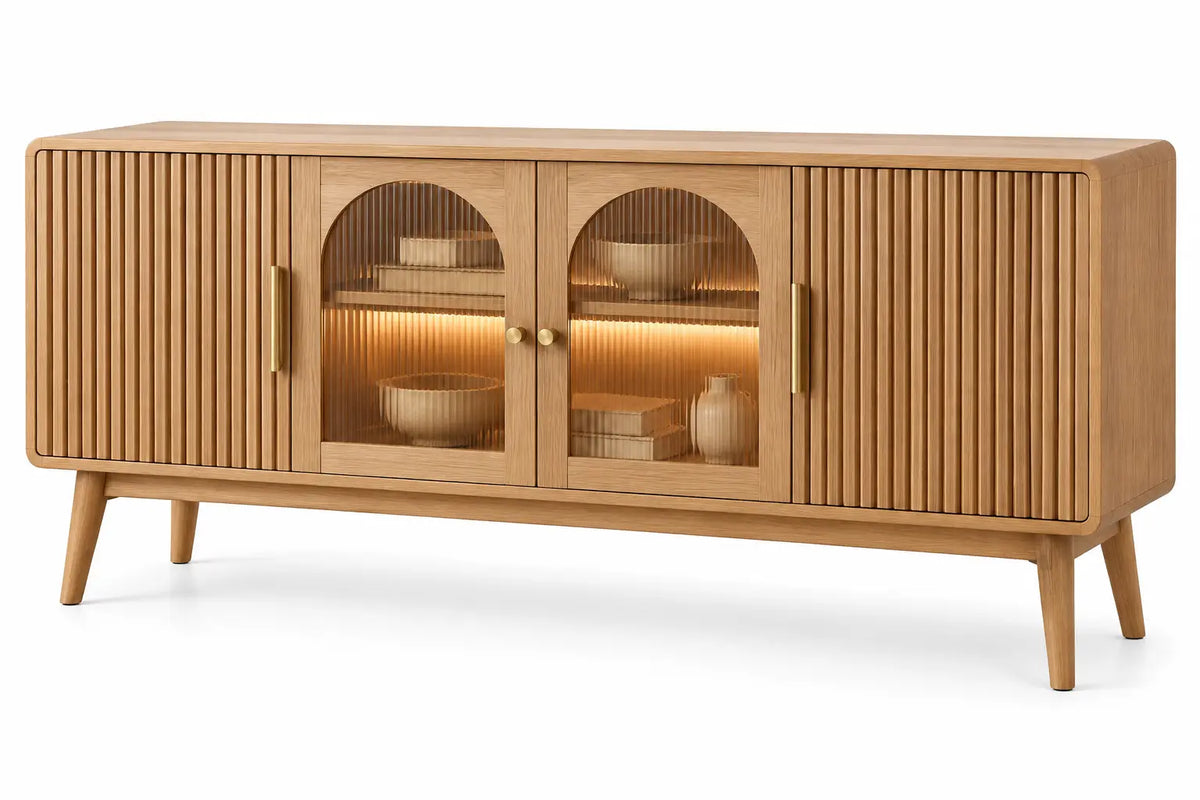 Georgiangateleg wooden storage sideboard with vertical lines and arched shapes in brown, modern furniture for living room or hallway.