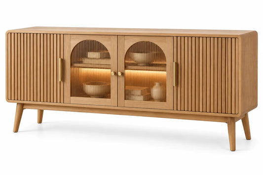 Georgiangateleg wooden storage sideboard with vertical lines and arched shapes in brown, modern furniture for living room or hallway.